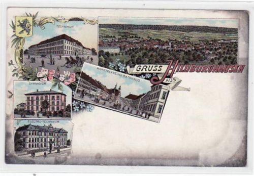 Lithographie Gruß aus Hildburghausen Technikum, Marktplatz Rathaus, Gymnasium. ungelaufen um 1900 Oxydationsspuren an den Rändern, leicht bügig, leicht fleckig, sonst gut erhalten.