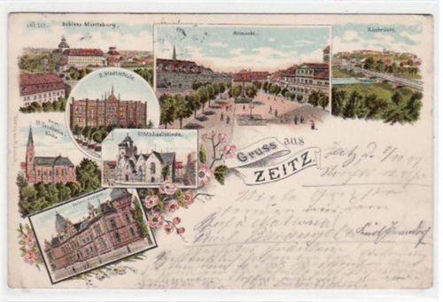 Zeitz Lithographie Gruß aus Zeitz Postamt, Schloss Moritzburg, Altmarkt, Aubrücke, II. Stadtschule, Trinitatis Kirche St. Michaeliskirche gelaufen von 1897. Ecken mit Albumabdrücken, leichte Stempelspuren, kleiner Knick oben rechts, sonst gut erhalten.