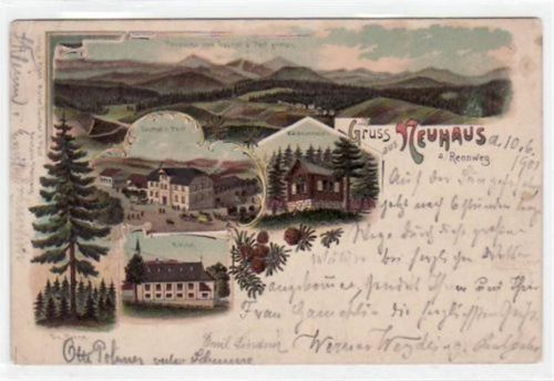 Neuhaus Lithographie Gruß aus Neuhaus am Rennweg mit Gasthof zur Post, Panorama vom Gasthof zur Post, Waidmannsheil, Kirche und Tanne gelaufen von 1901 kleiner Knick oben links, unten rechts und in der Mitte, leicht fleckig, sonst gut erhalten.
