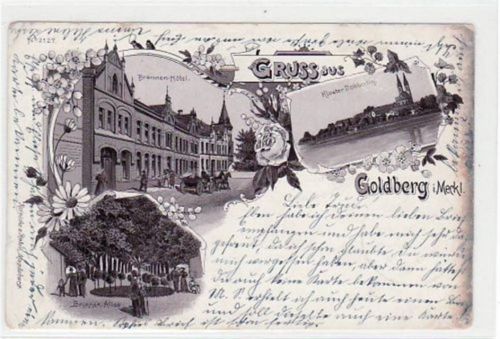 Lithographie Gruß aus Goldberg i. Meckl. mit Kloster Dobbertin, Brunnen- Hotel und Allee gelaufen von 1898. Oxydationsspuren rechter Rand, leichte Eckabschürfungen und Rändern, kleiner Knick oben und unten links, sonst gut erhalten.