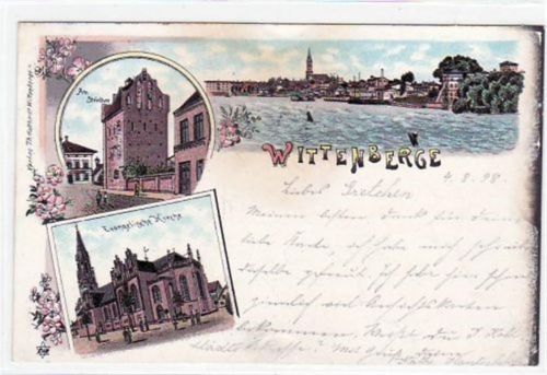 Lithographie Wittenberge mit Gesamtansicht, Partie am Steinthor und Evangl. Kirche gelaufen von 1898. Ecken mit Albumabdrücken, Oxydationsspuren rechter Rand, sonst gut erhalten.
