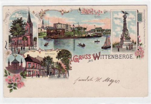 Lithographie Gruß aus Wittenberge mit kath. Kirche, Kriegerdenkmal, Turm, Bahnstrasse und Hafen gelaufen und Bahnpoststempel von 1903. Gute Erhaltung.
