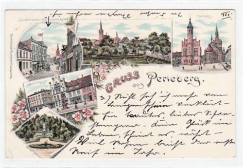 Lithographie Gruß aus Perleberg mit Teilansicht, Marktplatz mit Rathaus, Marktplatz mit Roland, Kriegerdenkmal, Bäckerstraße und Hotel Deutscher Kaiser gelaufen von 1899 kleiner Knick unten links, sonst gut erhalten.