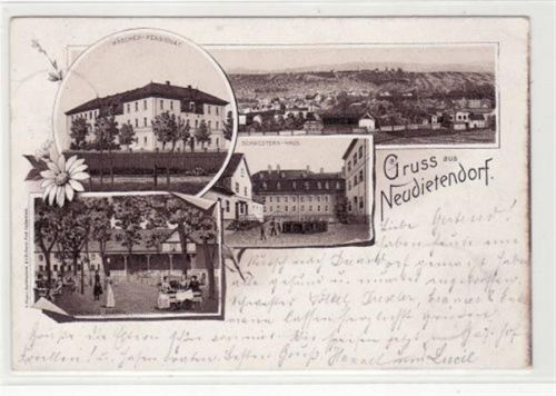 Lithographie Gruss aus Neudietendorf mit Mädchen-Pensionat, Schwestern-Haus, Gasthof-Garten und Gesamtansicht gelaufen 1895. Leichter Stempeldurchdruck. Oxydationsspuren, sonst gut erhalten.