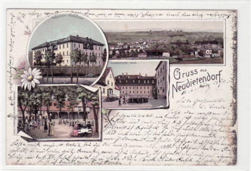 Lithographie Gruss aus Neudietendorf Schwestern-Haus, Mädchen-Pensionat und Gasthof-Garten gelaufen 1897. Leichter Stempeldurchdruck. Oxydationsspuren, sonst gut erhalten.