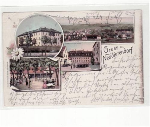 Lithographie Gruss aus Neudietendorf mit Schwestern-Haus, Mädchen-Pensionat, Gasthofs-Garten und Gesamtansicht gelaufen 1896 kleiner Knick oben links. Oxydationsspuren, sonst gut erhalten.
