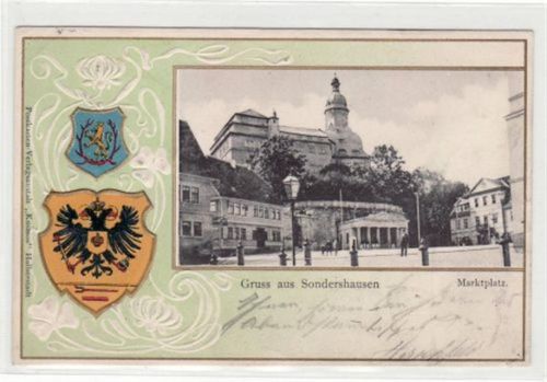 Sondershausen Sondershausen, Prägekarte mit Marktplatz und Wappen gelaufen von 1901 kleiner Knick oben links und unten rechts, sonst gut erhalten.