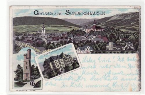 Sondershausen Sondershausen, Lithographie mit Staatsschulgebäude, Bismarck Thurm und Gesamtansicht gelaufen von 1899. Oxydationsspuren rechter Rand, kleiner Riß am Rand unten, leicht fleckig, sonst gut erhalten.