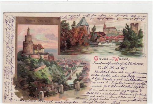 Lithographie Gruß aus Weida i. Thür. mit Schloss Osterburg gelaufen von 1900 kleiner Knick unten rechts, sonst gut erhalten.
