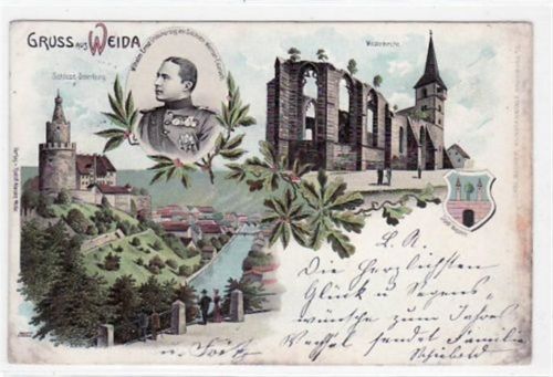 Lithographie Gruß aus Weida i. Thür. mit Wilhelm Ernst Grossherzog von Sachsen - Weimar - Eisenach, Schloss Osterburg u. Wiedenkirche gelaufen von 1901. Oxydationsspuren an den Rändern, sonst gut erhalten.