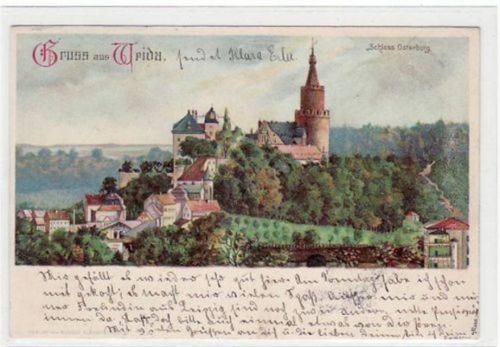 Lithographie Gruß aus Weida i. Thür. mit Schloss Osterburg gelaufen von 1905. Gute Erhaltung.