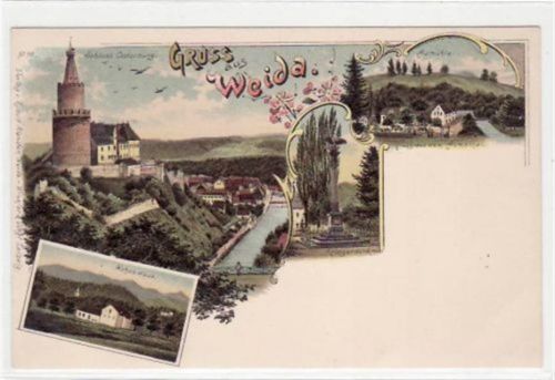 Lithographie Gruß aus Weida i. Thür. mit Schloss Osterburg, Kriegerdenkmal, Aumühle und Hohes Haus. ungelaufen um 1900 Ecken mit Albumabdrücken, sonst sehr gut erhalten.