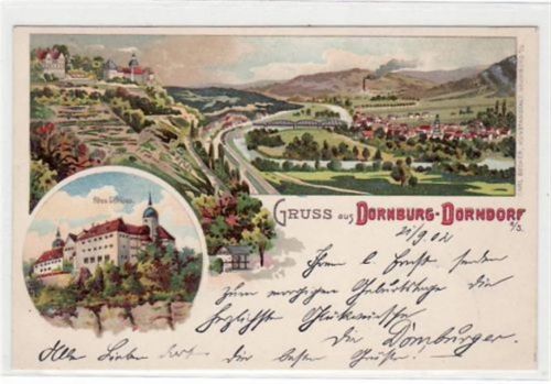 Dornburg Dornburg - Dorndorf a.d. Saale, Lithographie mit altem Schloss und Gesamtansicht gelaufen von 1902. Gute Erhaltung.