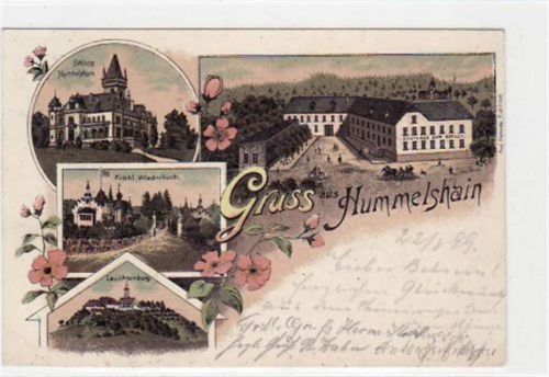 Hummelshain Hummelshain i. Thür., Lithographie mit Gasthaus zum Hirsch, Schloss, Fröhl. Wiederkunft und Leuchtenburg gelaufen von 1899. Ecken mit Albumabdrücken, kleiner Knick oben rechts, sonst gut erhalten.