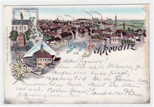 Schkeuditz Schkeuditz, Lithographie mit Rathaus, Gesamtansicht und Siegessäule gelaufen von 1897. Oxydationsspuren an den Rändern, sonst gut erhalten.
