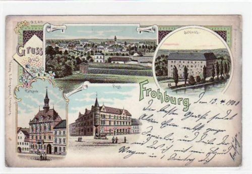 Frohburg Frohburg, Lithographie Rathaus, Post und Schloss gelaufen von 1900. leichte Eckabschürfungen, kleiner Knick oben rechts, Oxydationsspuren an den Rändern, sonst gut erhalten.
