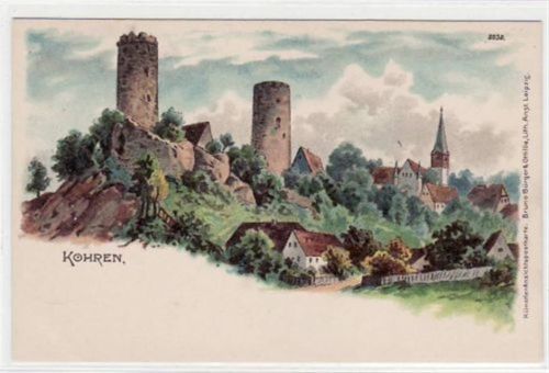 Kohren, Lithographie mit Teilansicht und Ruine. ungelaufen um 1900 Top Erhaltung.