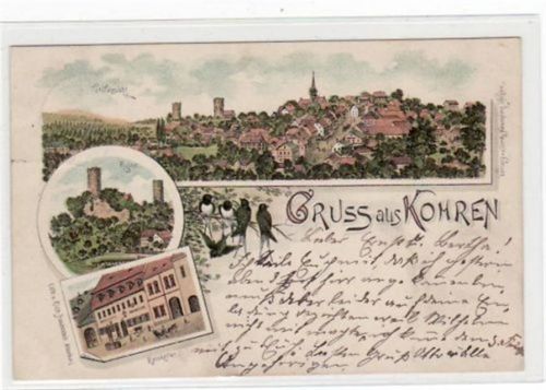 Kohren, Lithographie, Ratskeller und Ruine gelaufen von 1896. Gute Erhaltung.