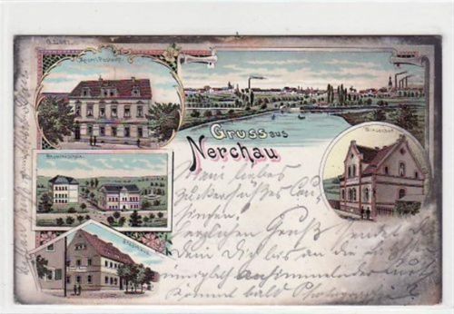 Nerchau Nerchau, Lithographie Wiesenbad, Stadthaus, Beamtenschule u. Postamt gelaufen von 1899. Oxydationsspuren an den Rändern, leichte Eckabschürfungen, sonst gut erhalten.