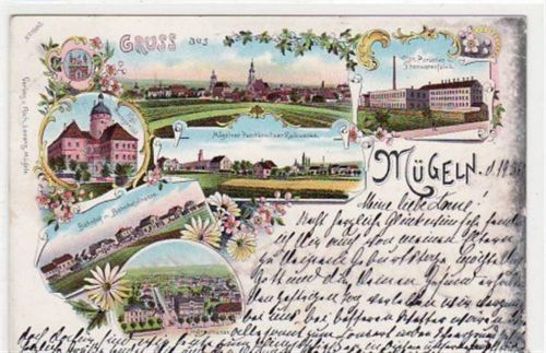 Mügeln, Lithographie Porzellanfabrik, Königl. Amtsgericht, Lindenstrasse, Mügelner Paschkowitzer Kalkwerke, Bahnhof Bahnhofstrasse gelaufen von 1902. Oxydationsspuren rechter Rand, leicht stockfleckig, sonst gut erhalten.