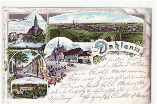 Dahlen, Lithographie Bahnhofstrasse, Schloss, Kirche u. Markt gelaufen von 1900. Oxydationsspuren an den Rändern, kleiner Knick unten rechts, sonst gut erhalten.