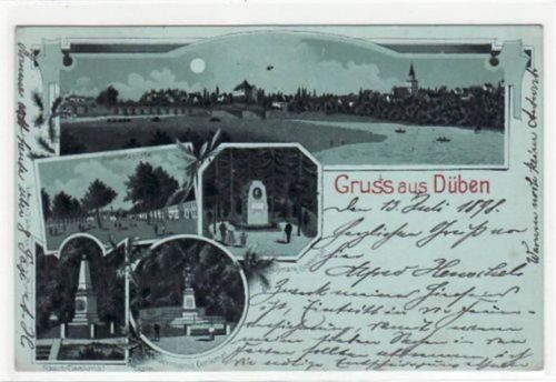 Düben, Mondschein Lithographie Paradeplatz, Bismark-, Rasch- u. Germania Denkmal gelaufen, Marke entfernt, handschriftliches Datum von 1898. Leicht stockfleckig, sonst gut erhalten.