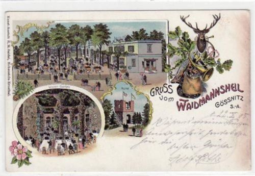 Gößnitz Gößnitz, Lithographie mit Restaurant Waidmannsheil, Winter - Garten und Ruine gelaufen von 1905 kleiner Knick oben rechts, Oxydationsspuren rechter Rand, leichter Stempeldurchdruck, sonst gut erhalten.