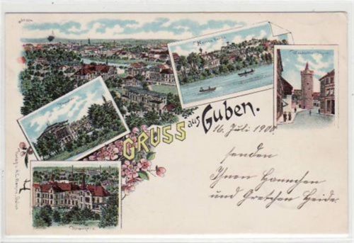 Guben, Lithographie mit Theater, Turm, Kreishaus u. Neisse Berg. Gute Erhaltung.