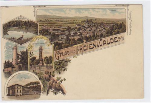 Bad Freienwalde Lithographie Gruss aus Freienwalde a. O., Baa-See, Bismark-Thurm, Krieger-Denkmal und Kurhaus ungelaufen kleiner Knick an der linken oberen Ecke , sonst gut erhalten.