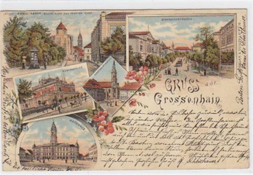Großenhain Lithographie Gruss aus Grossenhain. Rathaus Postgebäude Bahnhofstrasse Poststrasse Stadthauptkirche gelaufen am 20.1.1898. Abdrücke vom Album an den Ecke n. Flecken auf Vorder- und Rückseite, sonst gut erhalten.