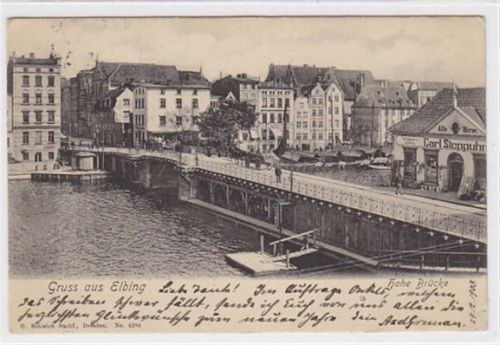Gruss aus Elbing / Elblag mit Hohe Brücke und Eisenwarenhandlung gelaufen 1903 kleiner Knick an der rechten unteren Ecke Leichte Stempelspuren, sonst gut erhalten.