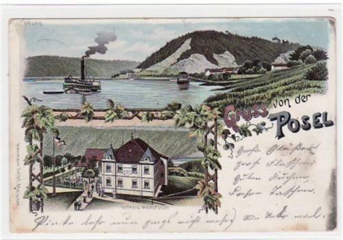 Gruß von der Posel, Lithographie mit Vetters Weinstuben gelaufen von 1900 kleiner Knick oben und unten links, leichter Knick auf der linken Seite oben, kleiner Riß am Rand oben in der Mitte, Oxydationsspuren an den Rändern, sonst gut erhalten.