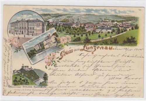 Lithographie Lunzenau. Schulhaus Gesamtansicht Vogel´sche Fabrik und Schloss Rochsburg gelaufen am 12.10.1900. Albumabdrücke an den Ecken sonst gut erhalten
