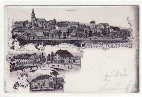 Wehrsdorf Wehrsdorf, Lithographie, Berghänels Restaurant, Nieder- u. Ober - Mühle gelaufen von 1904. Oxydationsspuren rechter Rand, sonst gut erhalten.