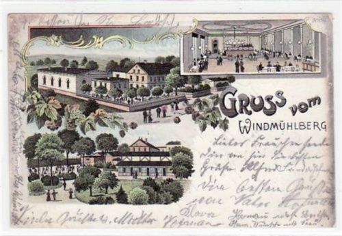 Seifhennersdorf, Lithographie mit Gruss vom Windmühlberg gelaufen von 1905. Oxydationsspuren an den Rändern, leichte Eckabschürfungen und Rändern, sonst gut erhalten.