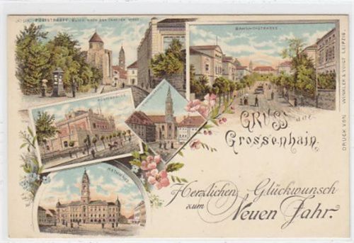 Großenhain Lithographie Gruss aus Grossenhain. Bahnhofstrasse Postgebäude Rathaus Stadthauptkirche Poststrasse innere Stadt. Neujahr. Ungelaufen. Albumabdrücke an den Ecken sonst gut erhalten.