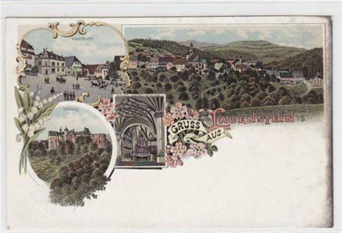 Lithographie Gruss aus Lauenstein in Sachsen. Marktplatz Schloss Kirche Altar Gesamtansicht von Lauenstein. Ungelaufen. Oxydation rechter Rand, sonst gut erhalten.