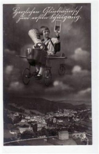 surrealistische Seifhennersdorf und Schulanfänger im Flugzeug gelaufen von 1928. Gute Erhaltung.