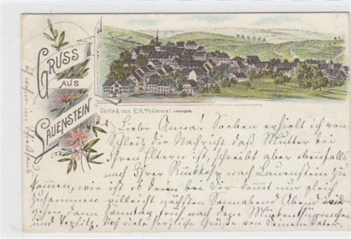 Lithographie Totalansicht von Lauenstein gelaufen am 2.5.1897. Knick oben links und unten rechts, sonst gut erhalten.