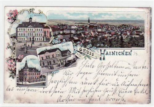 Hainichen Hainichen, Lithographie Bahnhof, Rathaus und Postamt gelaufen von 1898. Oxydationsspuren an den Rändern, leichter Stempeldurchdruck, sonst gut erhalten.