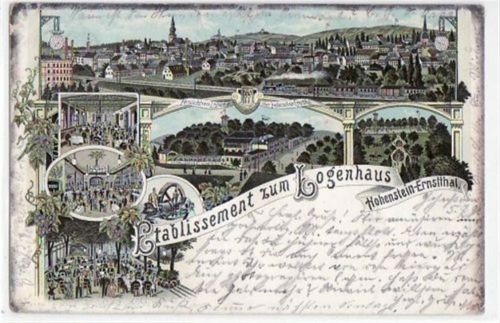Hohenstein-Ernstthal Hohenstein - Ernstthal, Lithographie mit Etablissement zum Logenhaus gelaufen von 1896. Oxydationsspuren an den Rändern, leicht abgerundete Ecke n, sonst gut erhalten.