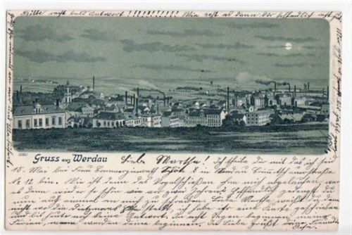 Werdau Werdau, Mondschein Lithographie mit Teilansicht gelaufen von 1902 kleiner Knick unten links, sonst gut erhalten