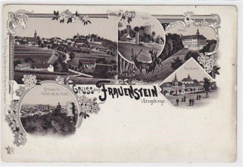 Lithographie Frauenstein im Erzgebirge. Gesamtansicht Ruine Schloss, ein Blick von der Ruine auf die Stadt Marktseite. Ungelaufen, Rechter Rand leicht oxydiert, leichter Bug oben links, leichte Eckabschürfungen, sonst gut erhalten.