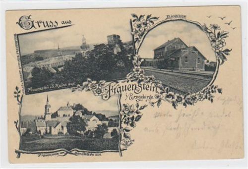 Gruss aus Frauenstein im Erzgebirge. Panorama von Frauenstein von der Ruine aus gesehen Bahnhof und Frauenstein vom Sandberge aus gesehen gelaufen 1899. Gute Erhaltung.