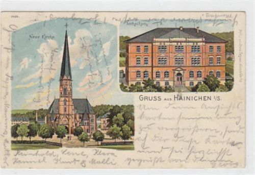 Hainichen Lithographie Hainichen. neue Kirche Technikum gelaufen am 09.10.1906. Leicht fleckig, sonst gut erhalten.