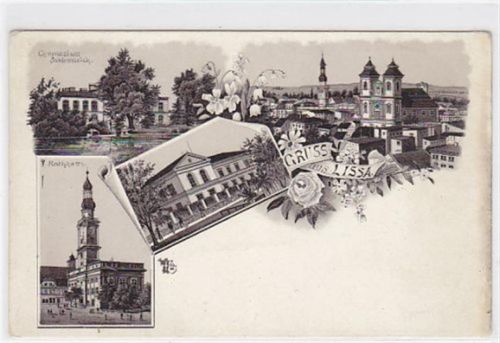 Lissa AK Gruss aus Lissa Leszno als Lithogrphie mit Gymnasium, Kirche, Schloß und Rathaus, ungelaufen gut erhalten.
