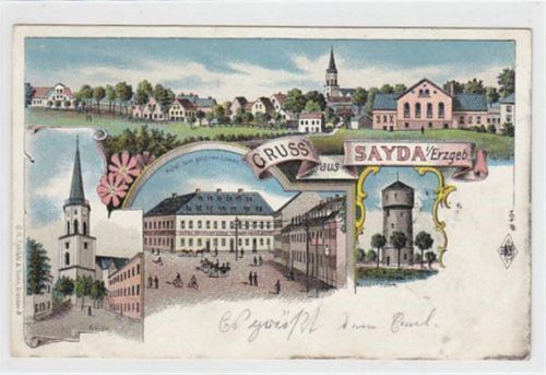 Lithographie Sayda im Erzgebirge. Gesamtansicht Kirche Hotel zum goldnen Löwen Wasser - Thurm gelaufen am 01.10.1903. Am rechten Rand leicht oxydiert, Rückseite leicht stockfleckig, sonst gut erhalten.