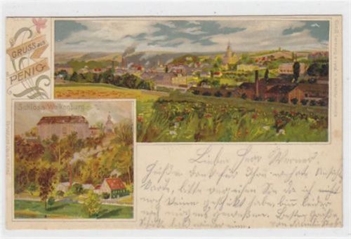 Penig Lithographie Penig. Gesamtansicht und Schloß Wolkenburg gelaufen am 30.07.1900. Albumabdrücke an den Ecken sonst gut erhalten