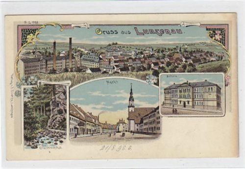 Lithographie Lunzenau. Gesamtansicht Brauselochthal Markt Schule. Ungelaufen, handschriftliches Datum vom 21.08.1898. Rechter Rand leicht oxydiert, sonst sehr gut erhalten.