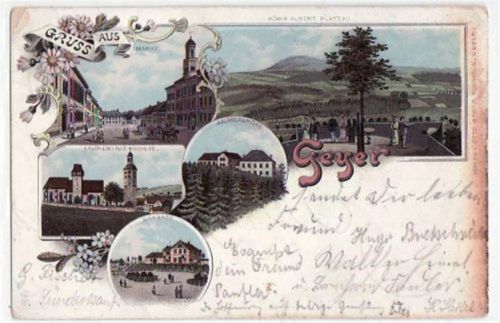 Geyer Geyer, Lithographie mit 5 Abbildungen gelaufen von 1898 kleiner Knick oben und unten links und oben rechts, Oxydationsspuren rechter Rand, sonst gut erhalten